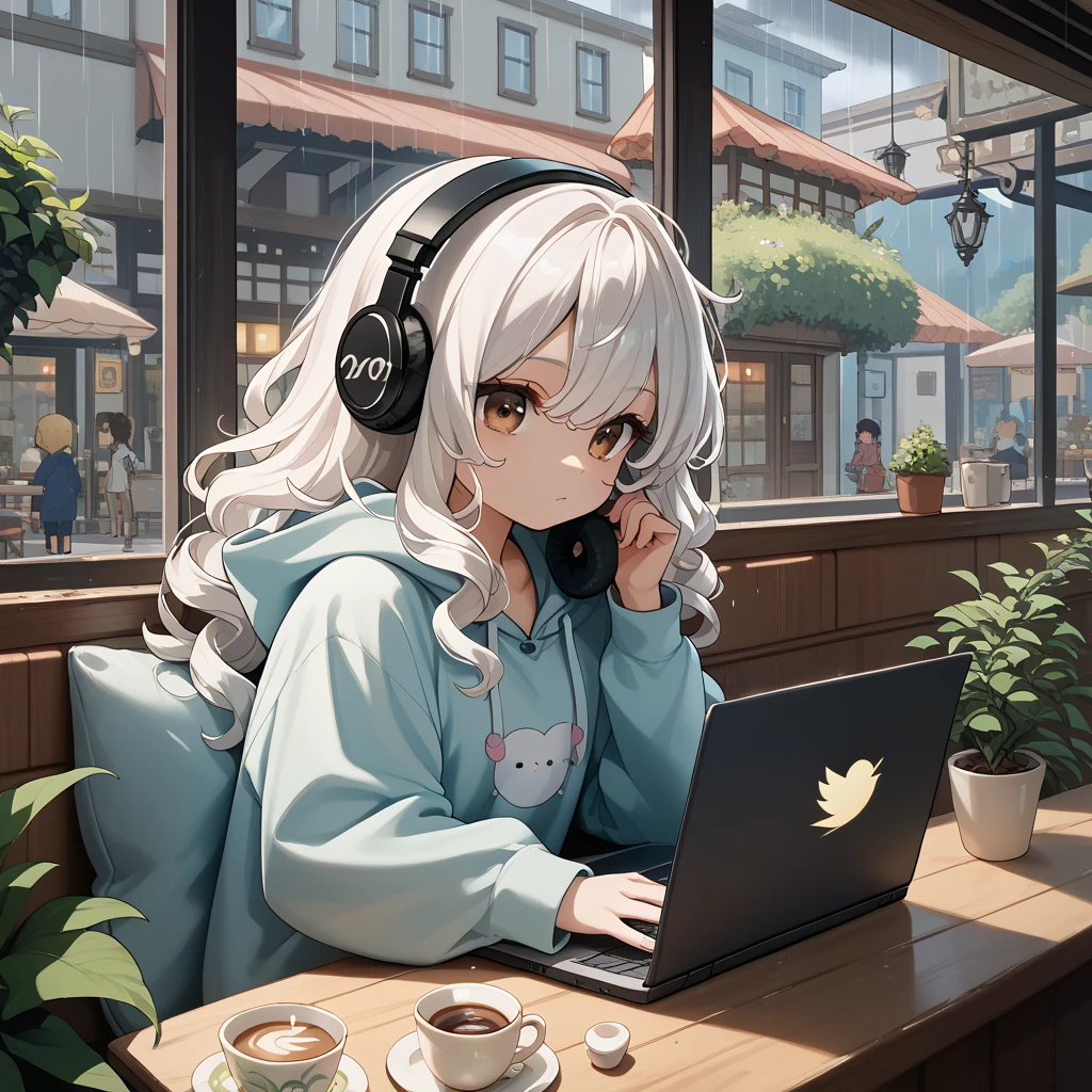 The most beautiful girl ever、 chibi, Cafe、 headphones、rain、white hair, Long Hair, High Resolution, High Resolution, High Details, brown eyes, curly hair, coffee, oversized hoodie, laptop, 