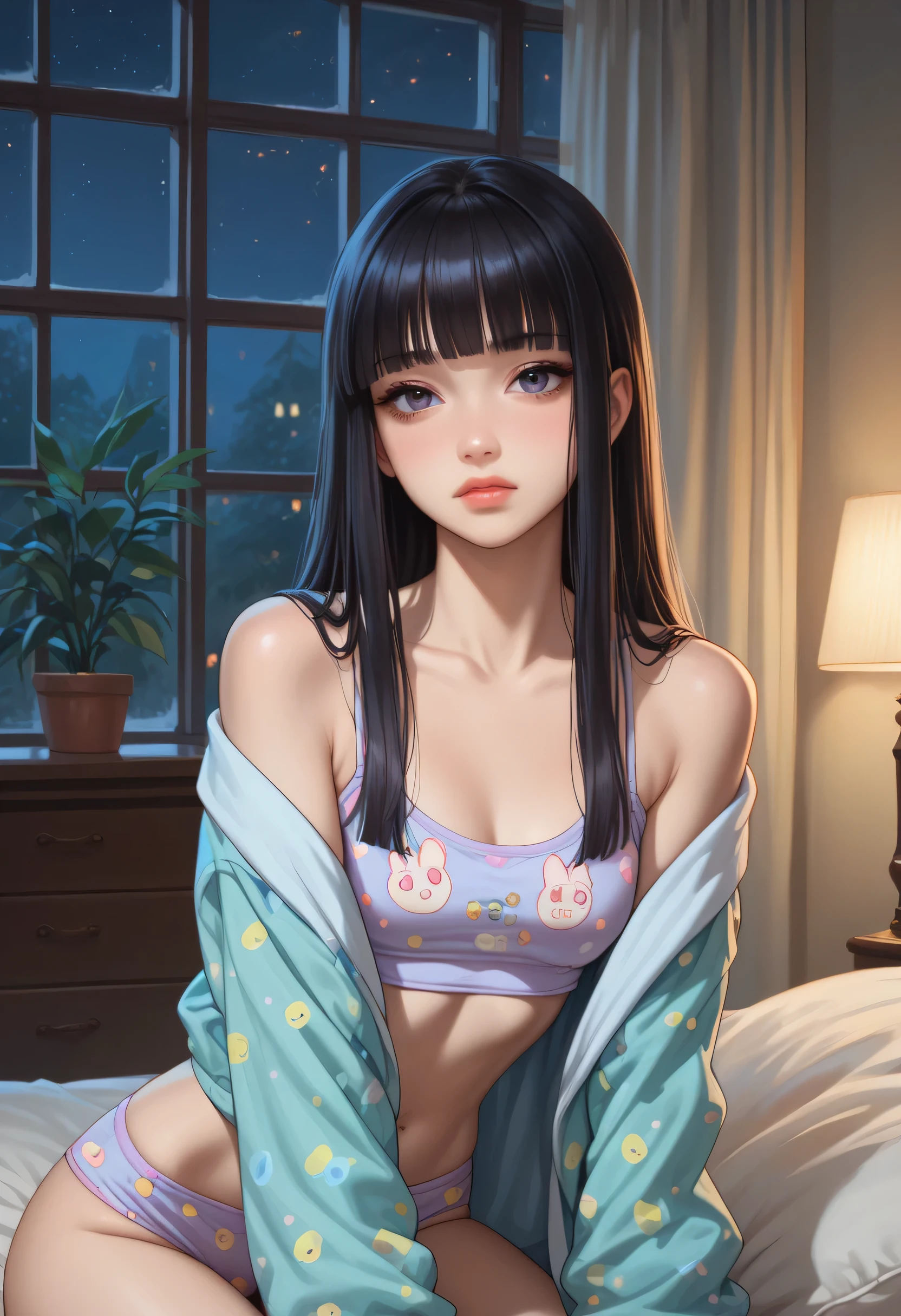 1girl, pastel colores pajama topped crop, DARK HAIR, hime cut, looking at viewer, livingroom back. (Slim Body), portrait. (NIGHT:1.4), (submissive:1.6)