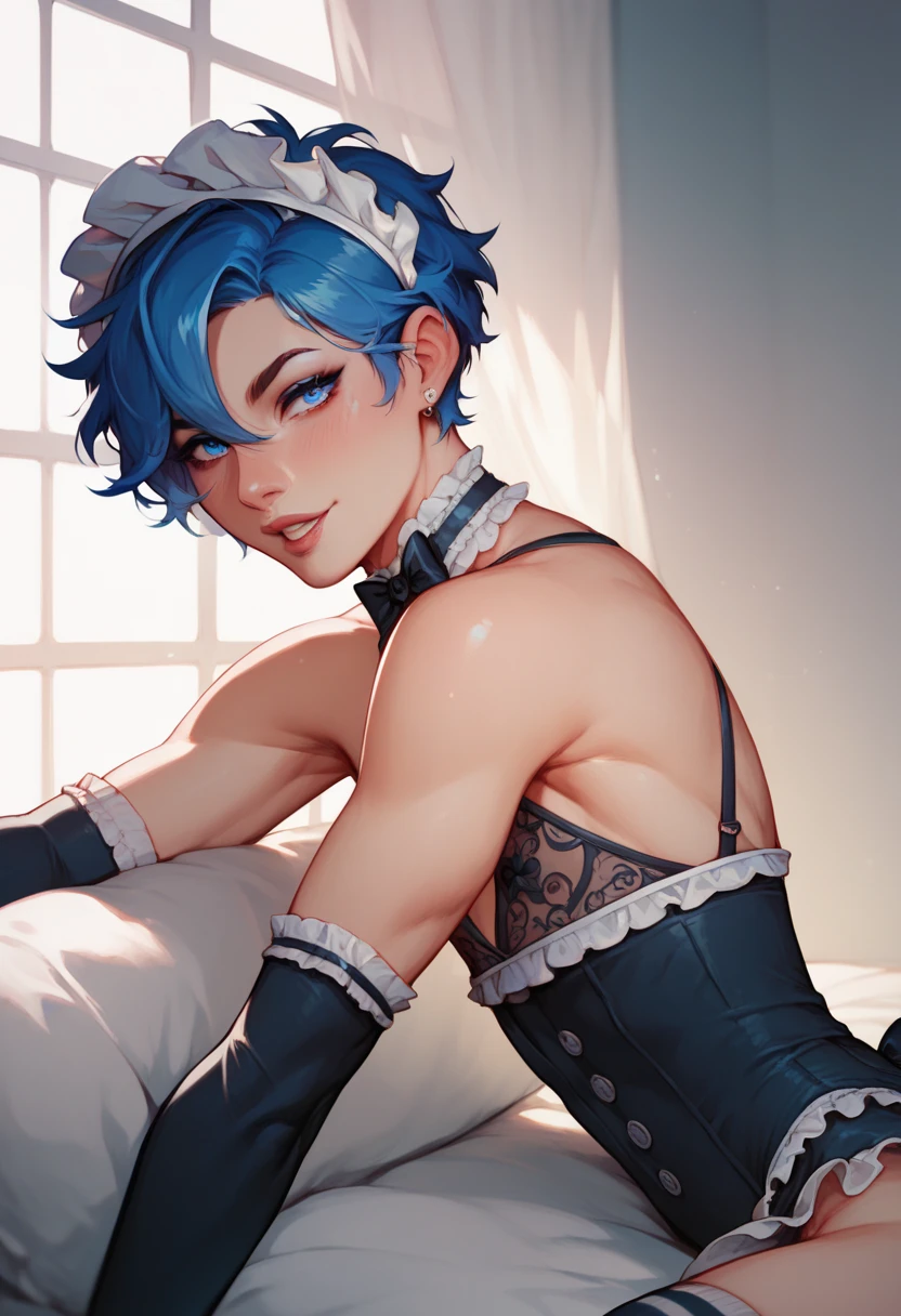  Handsome  old boy
Effeminate
Blue eyes
Messy blue short hair with black gradient, 
She wears a long and elegant black female maid dress, thigh-length socks with blue and white stripes., 
Slim and delicate body femboy , femboy

