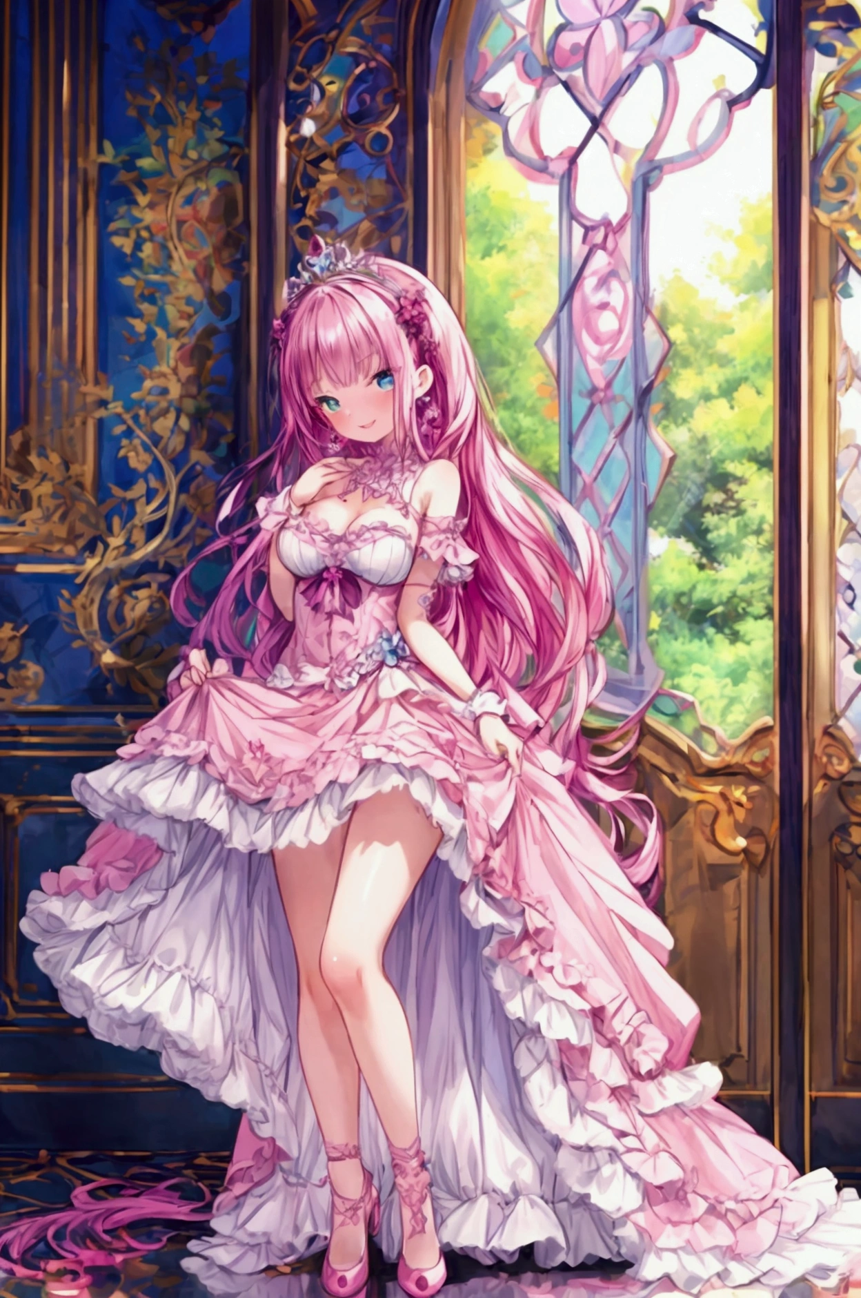 (Masterpiece, best quality) 1 girl, standing indoors with intricate details and sunlight, magenta frilled dress with short neckline, earrings, magenta shoes, diadema, green long hair, blue eyes, mischievous smile, teeth showing, bad girl, sexy pose, coquette, beautiful long legs, , gorgeous body, mole in the face, pronounced breasts.
