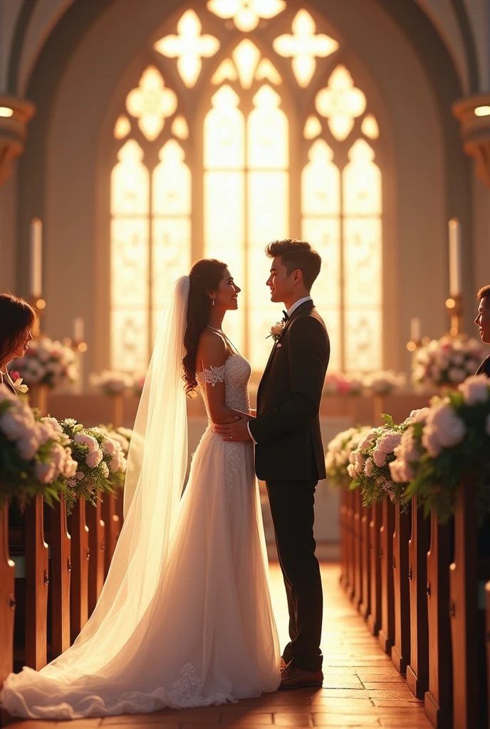 On the wedding stage of an upscale luxury hotel，A dozen friends and spectators next to the audience stood up and applauded，Couple in uniform，marriage，tongue kissing，Kiss，Hug together