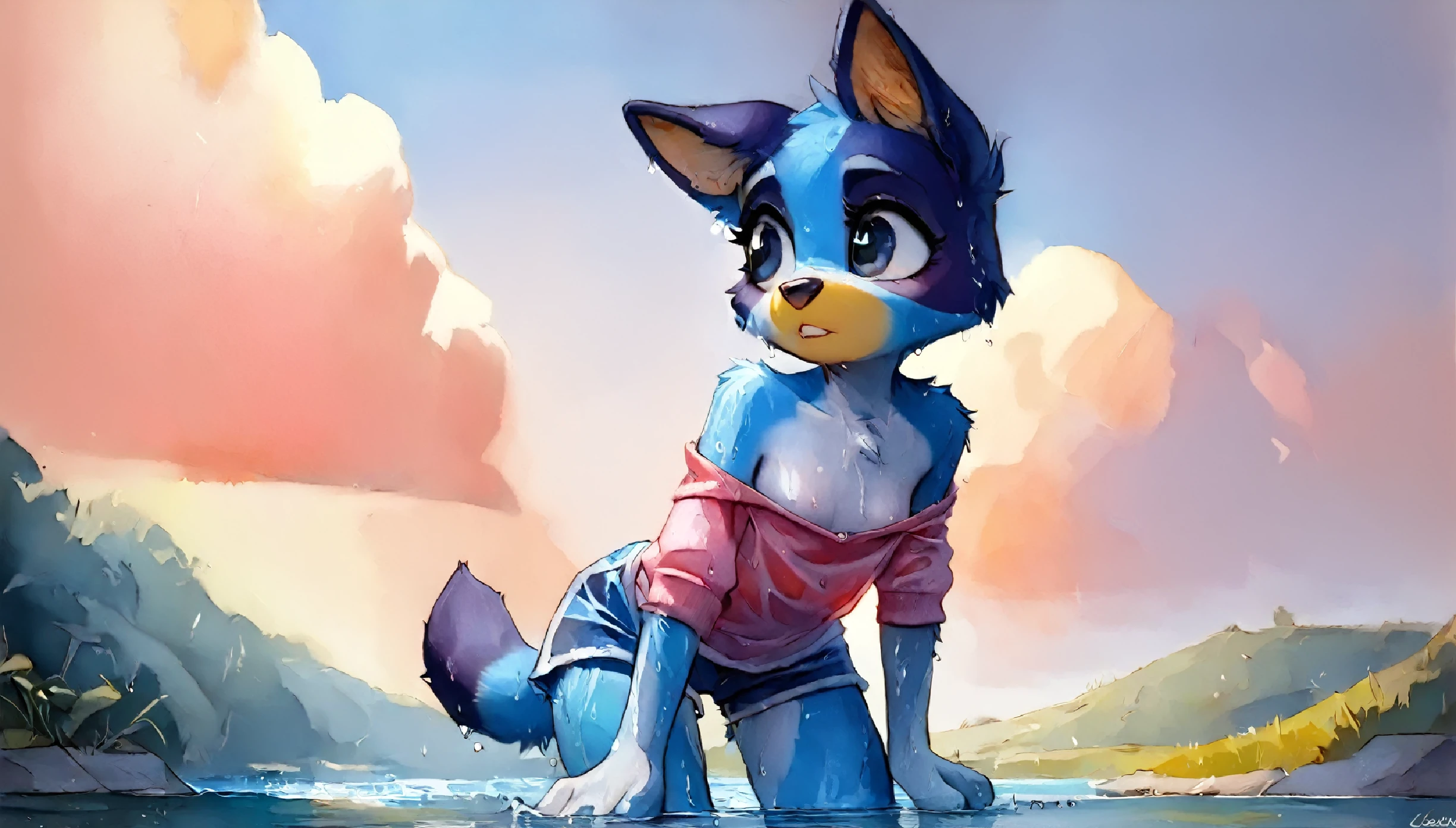 score_9, score_8_up, score_8, 1girl, source_cartoon, source_furry, watercolor style, wallpaper, blueyxl, bluey heeler, (boxchibi:0.2), (cub), girl, cowboy shot, anthro, furry, tail, blue body, animal ears, wet fur, flat shaded background, sky, day, cloud, blue sky, whimsical, mischievous, feminine, female, flat chest, (slender figure), (slim body), lolicon body, detailed fur texture, cute outfit, blue shorts, pink shirt, long sleeve, camel toe, looking away from viewer, bendover, bending over, pose,curved back, hunched over, hyper bend over, downblouse