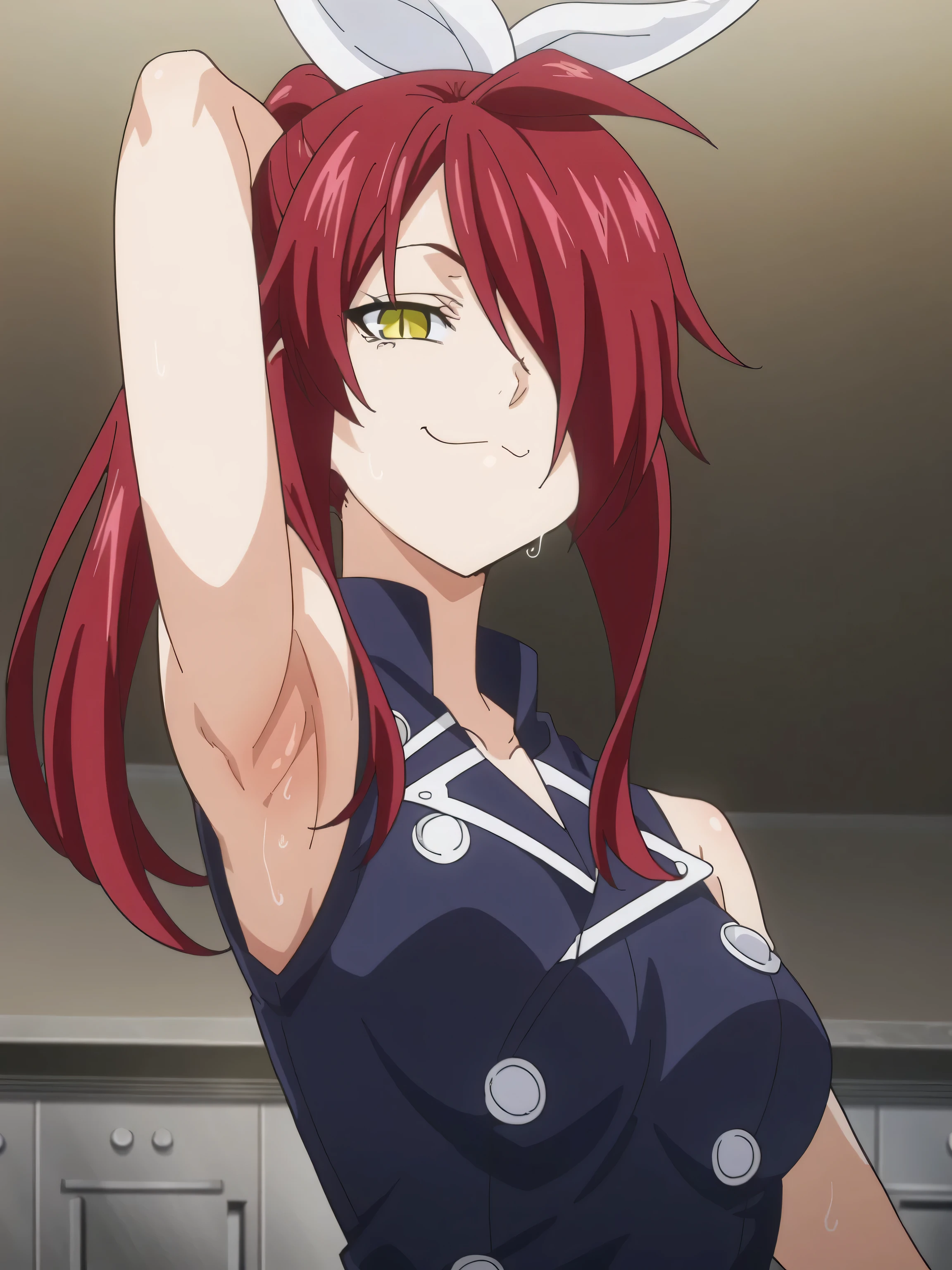 score_9, score_8_up, score_7_up, source_anime, anime screencap, 1girl, solo, kobayashi rindou, long hair, red hair, wavy hair, yellow eyes, hair over one eye, slit pupils, rindouchef, chef, ponytails, white hair ribbon, blue uniform, blue jacket, sleeveless, bare shoulders, bare arms, arm behind head, armpit, looking at viewer, head towards viewer, smile, closed mouth, badhandv4, indoors, kitchen, sweaty, steamy, smug, from side, from below, body odor, half-closed eyes 