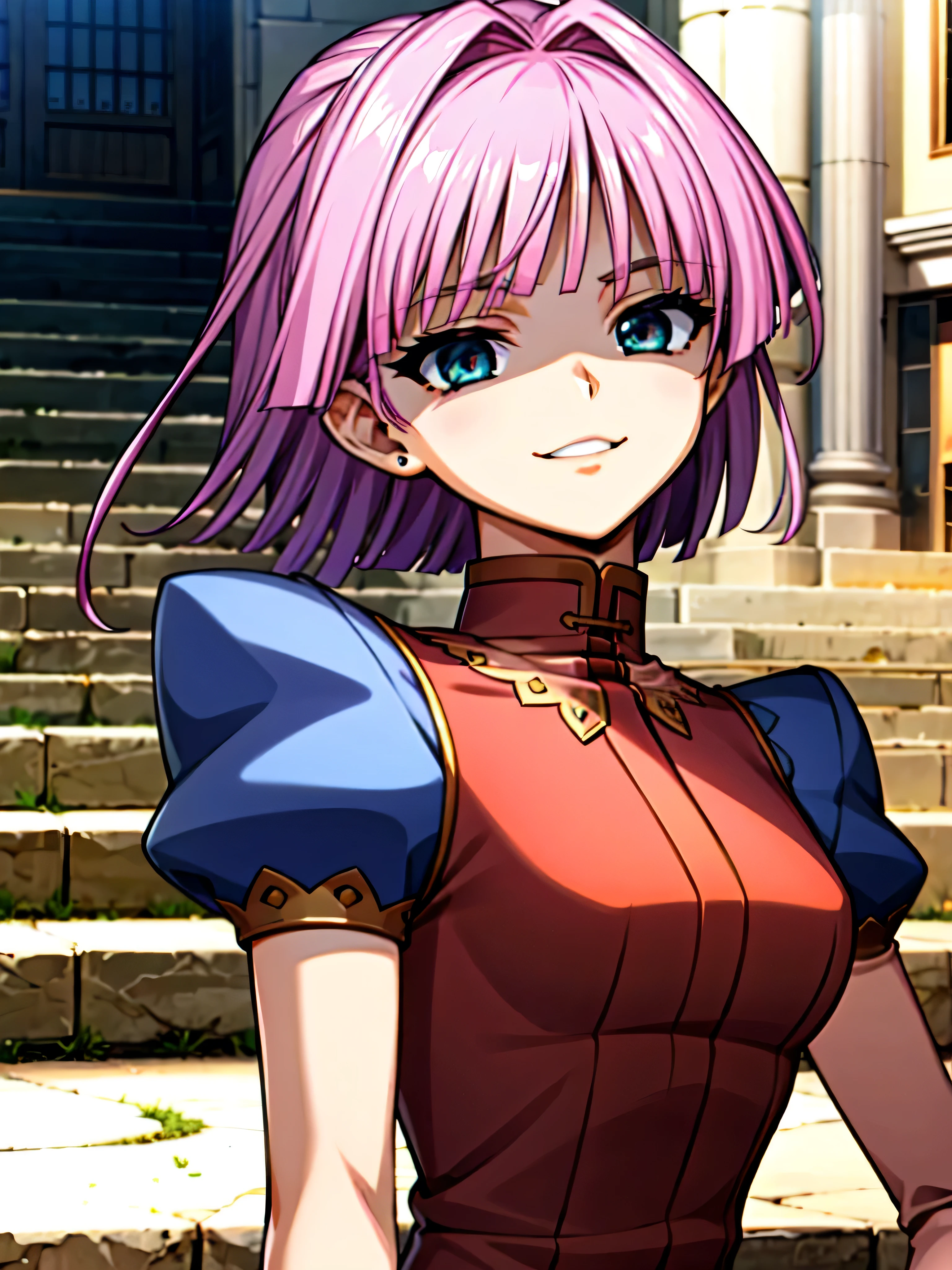 (Highest_4K quality, 8k, high definition , masterpiece: 1.2), super detailed),from_Down,(Anime_ screen capture),( One Girl ,Alone),dynamic_angle,,, Bob short hair ,,, viewers who stop at the edge, upper body,,,Evil Laugh ,,,,( detailed hair, Beautiful Hair, shiny hair), , ( beautiful eye expression , beautiful and delicate eyes on outdoor stairs, , ), (Human Ear), High Quality , very detailed, perfect face,,shaded face (Eyes in the Shadows),