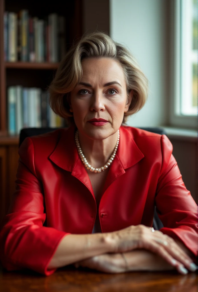 Professional photo from distance, Russian woman, (75yo), (old detailed wrinkled face and skin), open mouth, brown short hair, ((The haircut is a short, classic bob with soft layers for volume, parted to the side, creating an elegant and youthful appearance)). (extreme massive shiny huge breasts:1.5), glamorous, (wearing leather red dress:1.4), high heels, anklet, collier pearls, (lying down on table:1.5), office background, natural light, extreme realistic, photography, 8k, uhd, nikon