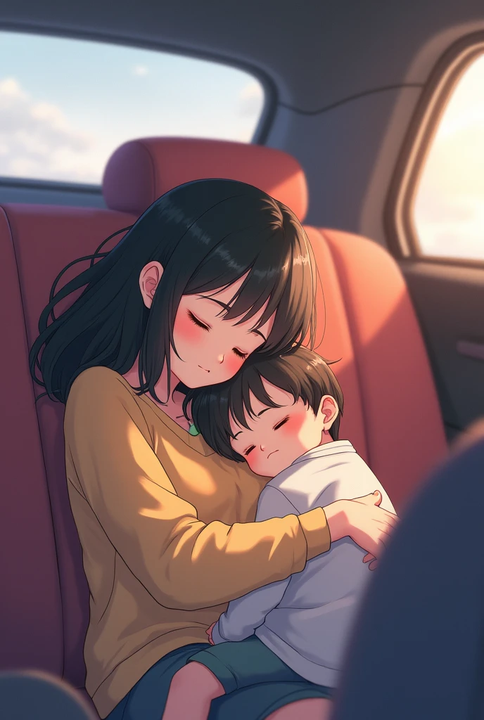 "Son, there is no space in the car, sit on sister's lap at the back seat" [in anime] [sister age is 25] [Son age is 19]
[Time is 10:00am]
[And location is a city]
[And sister is hug the son]