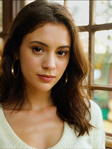  A beautiful woman from 4lyss4m,1 girl,Alone, looking at the spectator ,smile,Next to the chestnut , brown eyes ,jewelry,earrings,sweater,lips, traditional media, view 3/4,realistic, soft lighting ,  professional photograph , fotorrealistic, detailed, CRU, Analogous thing ,  sharp focus, 8k,  high definition ,  high quality,  masterpiece , 4lyss4m