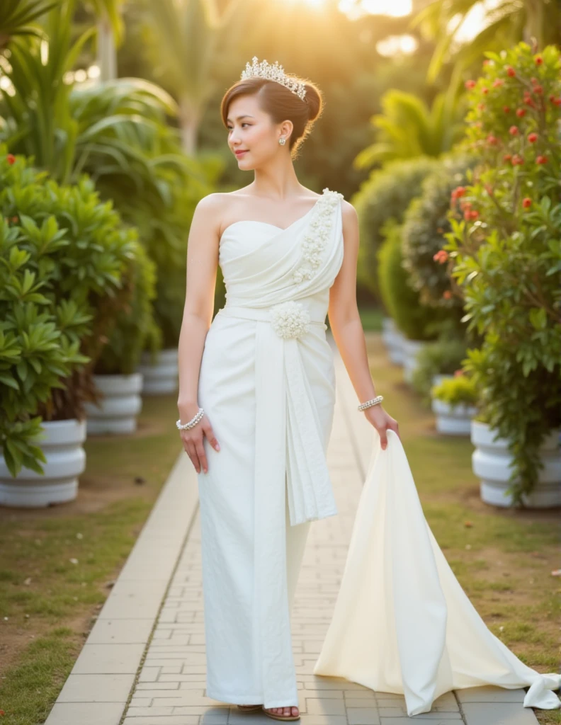 "In a breathtaking garden setting, a bride wears a white Thai-inspired wedding gown with delicate silk draping and floral patterns, her serene beauty accentuated by the gentle glow of the golden hour." 