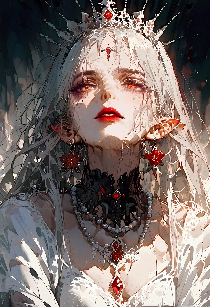 elf, white dress, full body, a middle-aged woman, queen, princess, silver hair, long hair, very long hair, crown, tiara, jewelry, forehead jewel, bead necklace, hair beads, flower on head, mole under eye, red eyes, pointy ears, crystal earrings, makeup, serious, red lips, full body, UHD, masterpiece, accurate, anatomically correct, super detail, high details, high quality, best quality, highres
