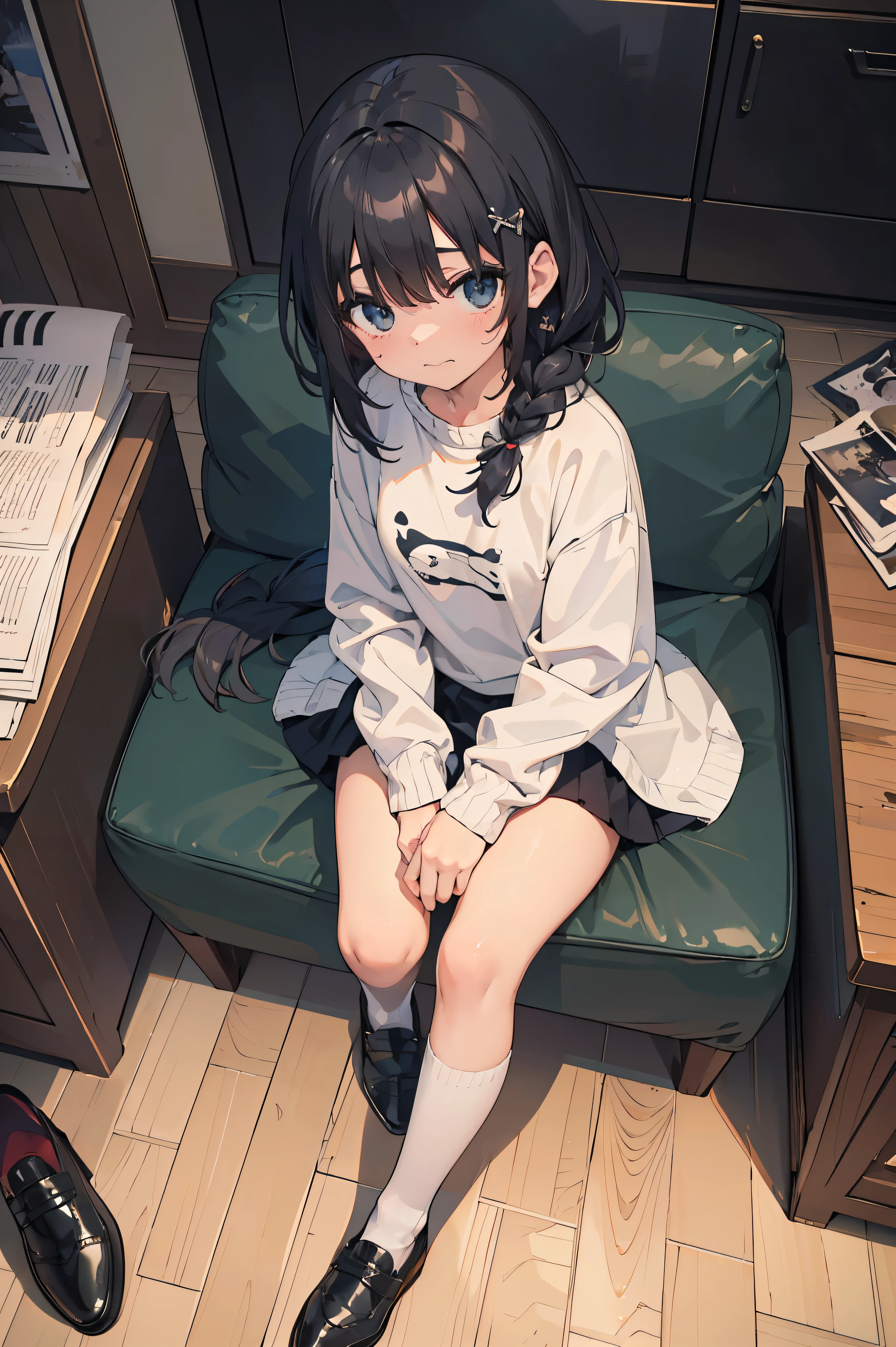 Anime girl sitting on a green chair in a room with a desk - SeaArt AI