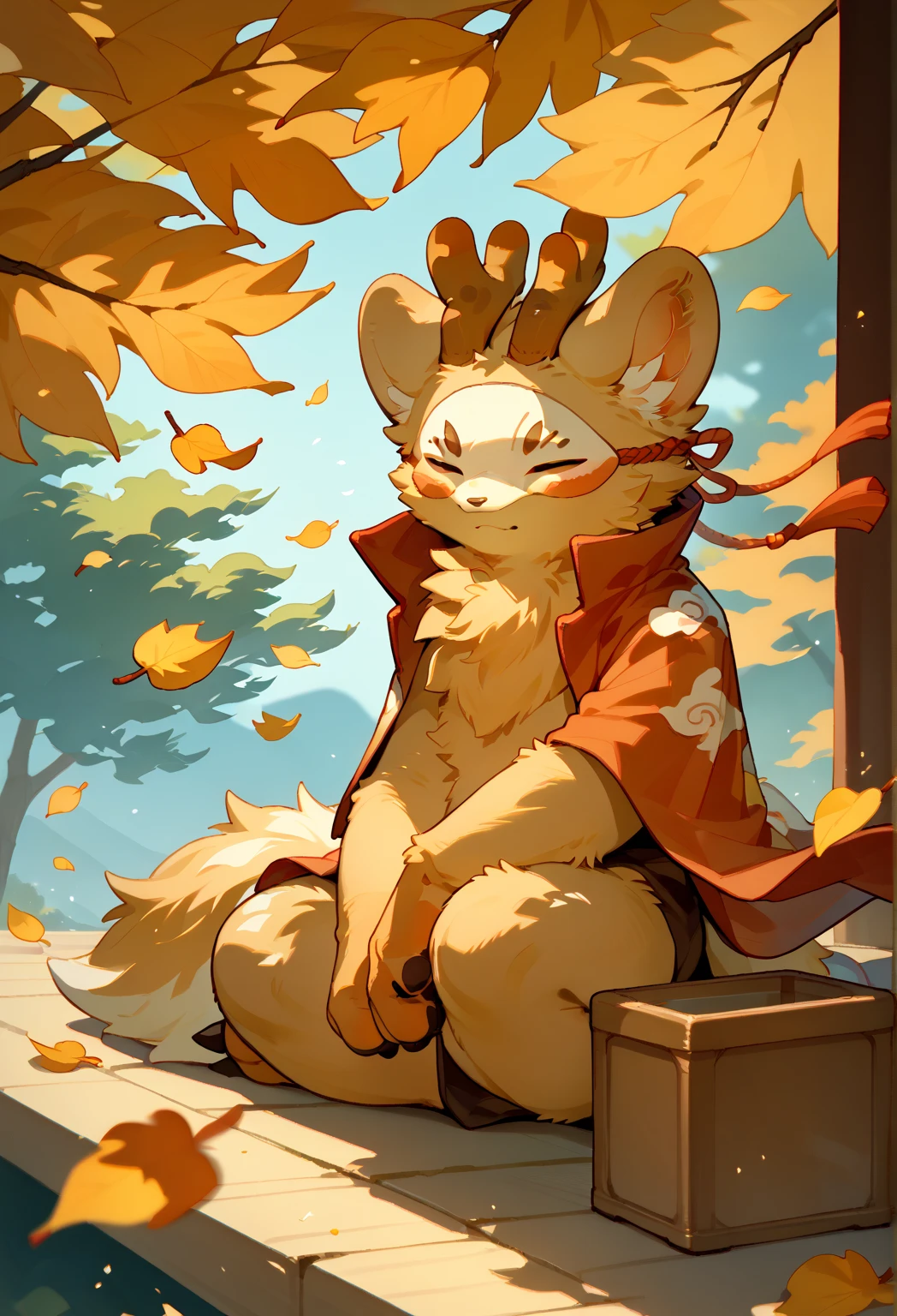 score_9, score_8_up, score_7_up, sibuxiang, closed eyes, furry, solo, 1boy, looking at viewer, wind, golden leaves, tree, sitting, 