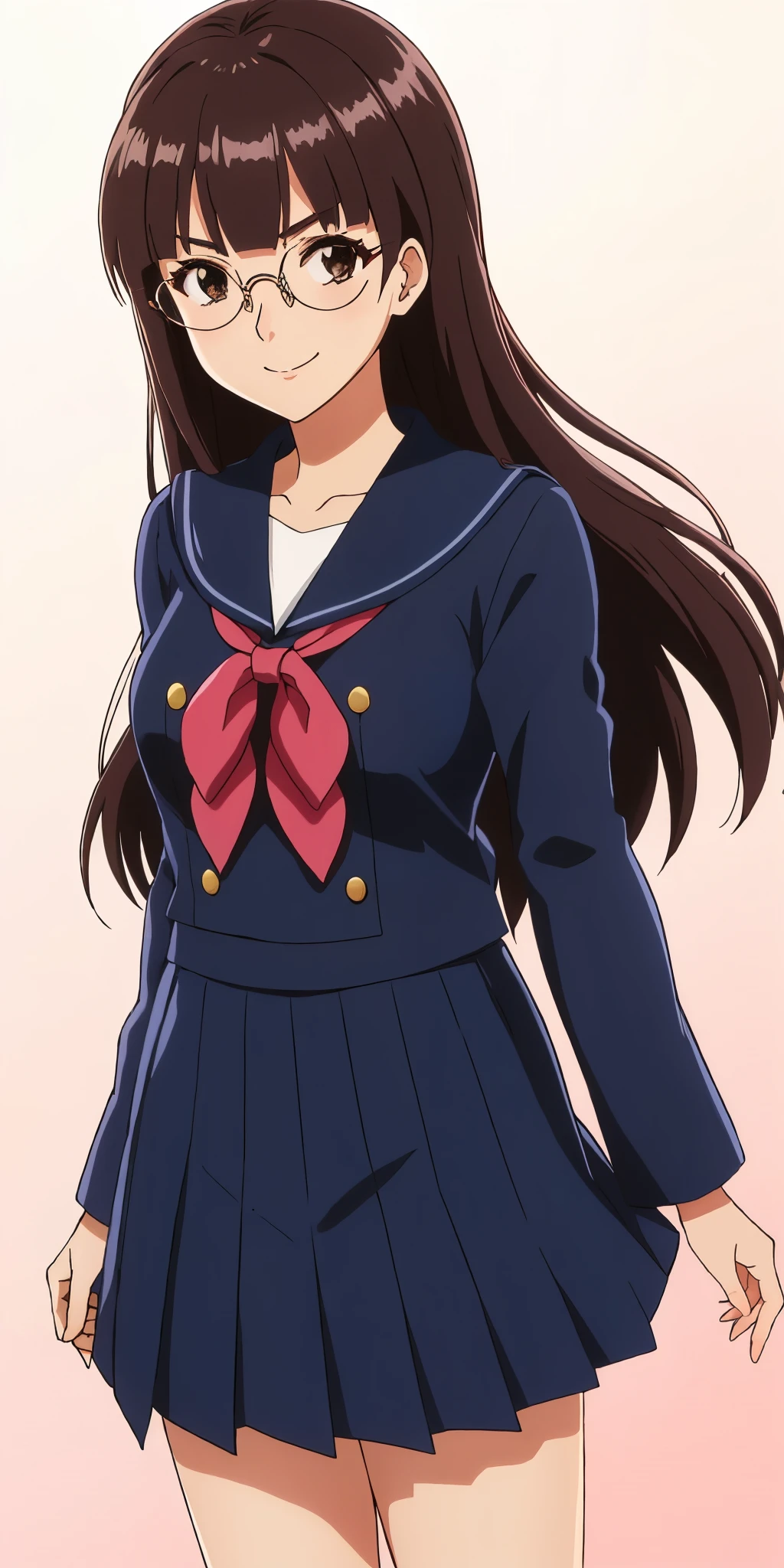 Young woman drawn in 80’s anime art style. 
Retro anime. Vintage Anime. Classical Anime. 
Black Dark Brown HAIR
Absurdly Long Hair
(Round Glasses)
(Round and Circle eyes)
(Light Brown eyes)
(Medium Sized Eyebrows)
(Freckles on Cheek)
(Light Tan Woman)
(Medium Breast)
Seductive Smile

She is wearing a sailor fuku (セーラー服, sērā fuku, sailor outfit) is a common japanese style of uniform worn by women, traditionally by high school female students. 

The uniform generally consists of a sailor-styled blouse attached with a (Navy blue sailor-style collar) and a Dark Navy Blue Sailor Blouse. The length of the long skirt goes down past her ankle.

A ribbon is tied in the front and laced through a loop attached to the sailor blouse. The color is the ribbon is red.

(Dark Navy Blue Sailor Shirt)
(Dark Navy Pleated Skirt)

(Solo)
(Location: High School)
(Background: High School)