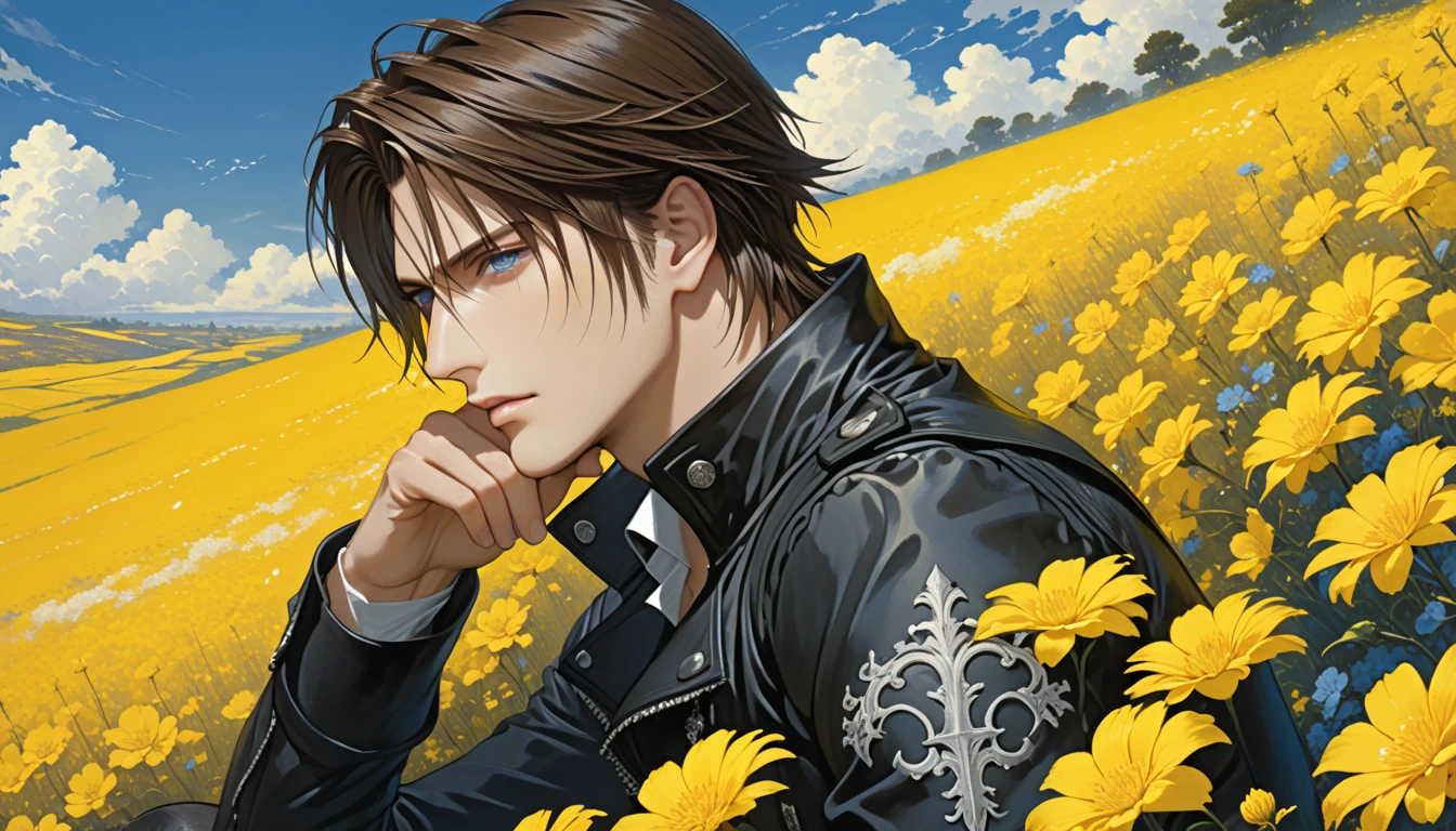 Squall leonhart, handsome man, brunette hair, blue eyes. side profile. wearing a black jacket with high collar, sitting in yellow flower field, sullen face