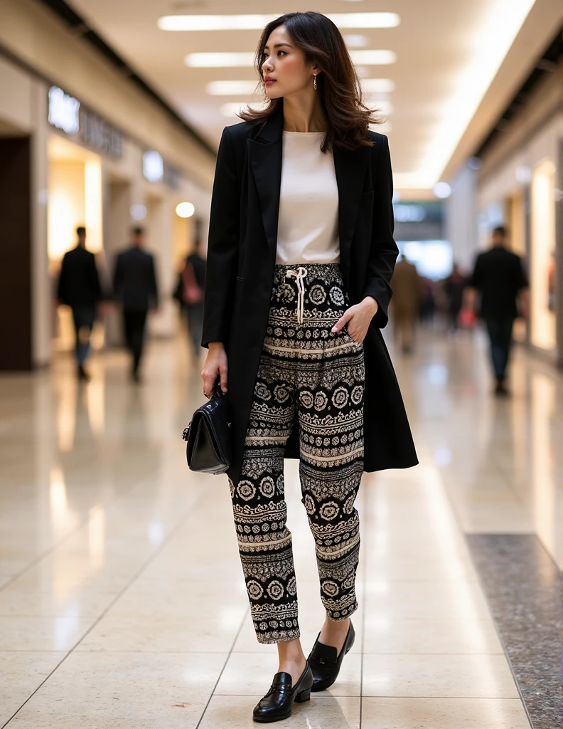 Changpant, batik-patterned pants, styled with a stylish jacket and loafers, perfect for a shopping spree at the mall. Use indoor lighting with reflections from glossy surfaces to highlight a chic and modern look.

