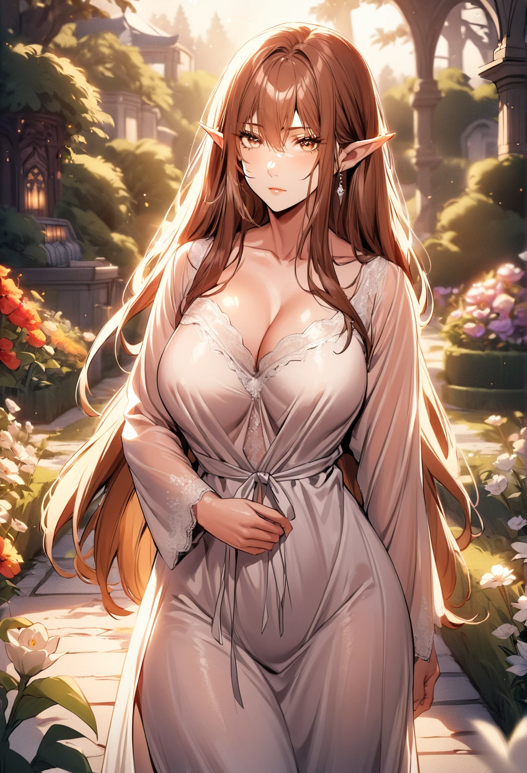 elf, pointy ears, a mature woman, milf, medium size chest, curvy hip, slim, beautiful, elegant, calm, expressionless, long hair, brown hair, brown eyes, white dress, nightgown, standing, looking at the viewer, outdoor environment, soft, warm light, garden, flower, fantasy landscape