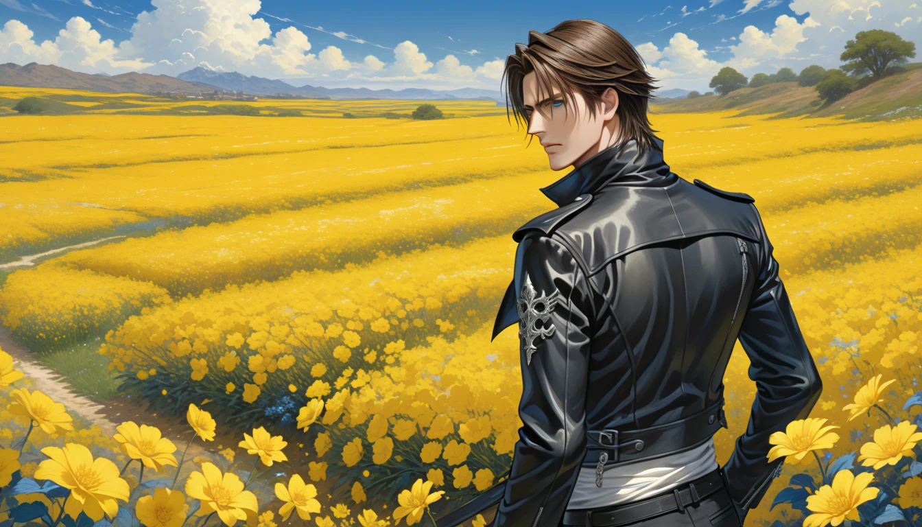 Squall leonhart, handsome man, brunette hair, blue eyes. from behind, wearing a black jacket with high collar, black pants, standing in yellow flower field, sullen face