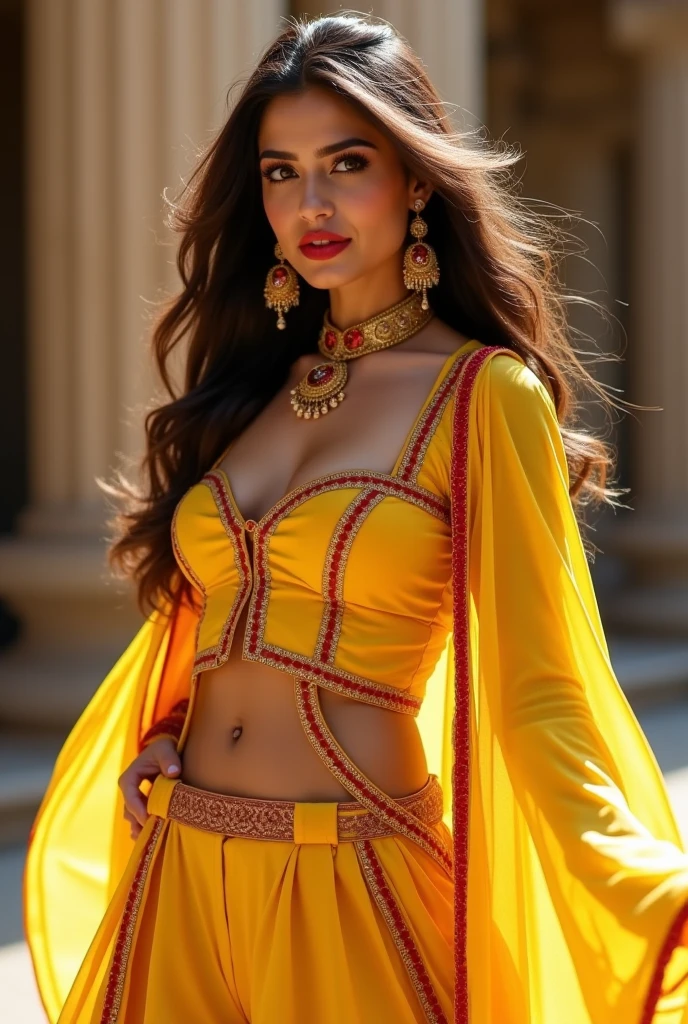 Sana’s outfit was a vibrant yellow sharara, the tight fit accentuating her figure beautifully. The kurta had slits on the sides and middle, revealing glimpses of her waist and navel, paired with a sharara pant that flared out elegantly. A deep neckline added a hint of boldness to her look, while a dupatta with a red outline rested on her shoulder. Her open hair flowed freely, adorned with jhumkas that swayed with her movements, and red lipstick that brought a pop of color to her face. Red bangles clinked on her wrists, completing her ensemble, making her look every bit like a sexy pari