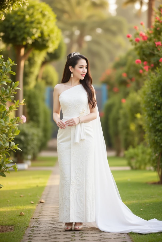 "In a breathtaking garden setting, a bride wirh long hair cascading down wears a white Thai-inspired wedding gown with delicate silk draping and floral patterns, her serene beauty accentuated by the gentle glow of the golden hour." 