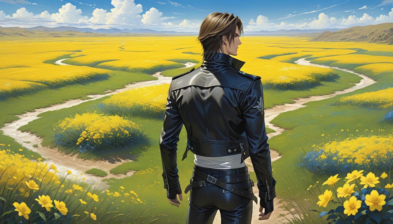 Squall leonhart, handsome man, brunette hair, blue eyes. from behind, wearing a black jacket with high collar, black pants, standing in grassy plain with yellow flower