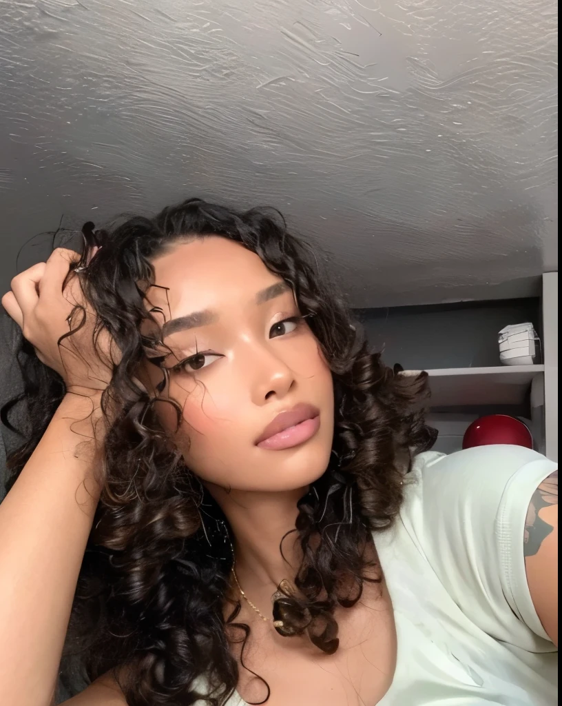 there is a woman with long curly hair posing for a picture, curly middle part haircut, tessa thompson inspired, black curly hair, gorgeous latina face, curly haired, light skin, curly bangs, thick lips, doja cat, curly, curly hair, curly black hair, curly dark hair, olive skinned, no makeup wavy hair, tessa thompson, vanessa morgan
