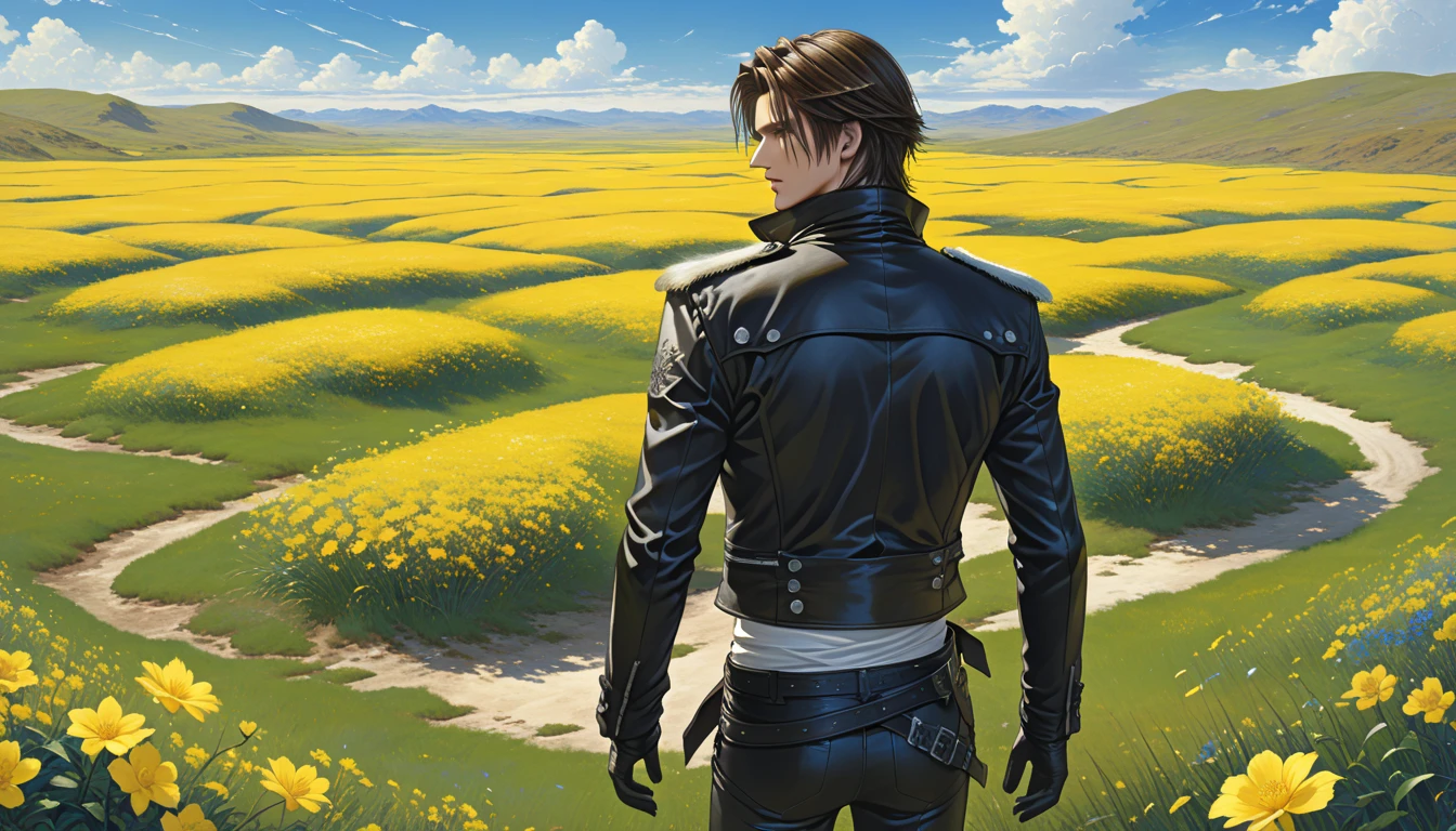 Squall leonhart, handsome man, brunette hair, blue eyes. from behind, wearing a black jacket with high collar, black pants, standing in grassy plain with yellow flower