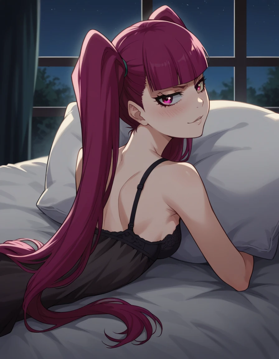 score_9, score_8_up, score_7_up, source_anime, riruka dokugamine, long hair, twintails, red eyes, purple hair, bangs, blunt bangs, small breasts,       skinny, petite body, cleavage, looking at viewer,  dimly light, nightgown, night, windows, bedrrom, blush,     black-red lingerie,bra,blush,petite,indoor,  ass, on stomach, from behind, thick thighs, 1girl, solo, pillow, looking at viewer, looking back, ass-from-behind,  seductive smile, seductive eyes