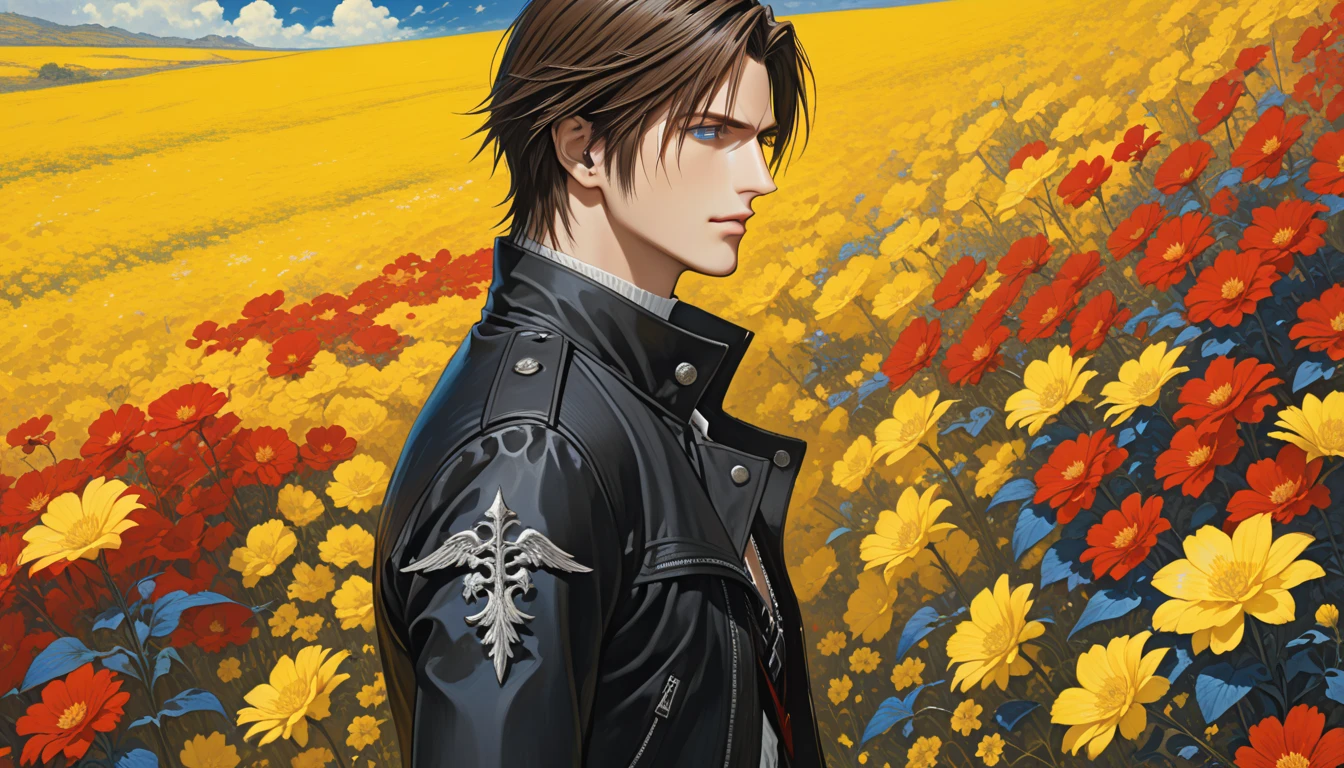 Squall leonhart, handsome man, brunette hair, blue eyes. side profile. wearing a black jacket with high collar, black pants, red belts, standing in yellow flower field, sullen face