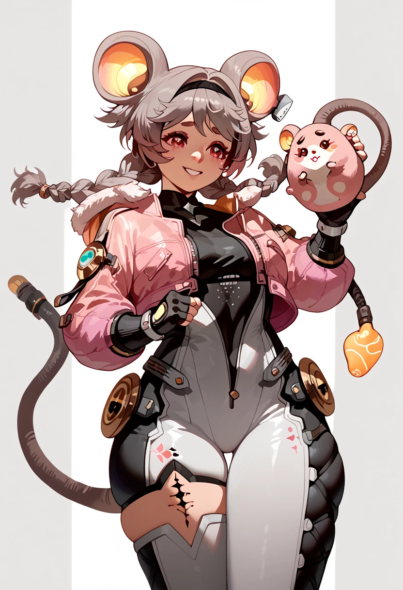 lumiwuwa, 1girl, solo, jacket, braid, gloves, twin braids, animal ears, fingerless gloves, bodysuit, tail, mouse tail, smile, mouse ears, pink jacket, grey hair thick thighs, holding tail , nervous