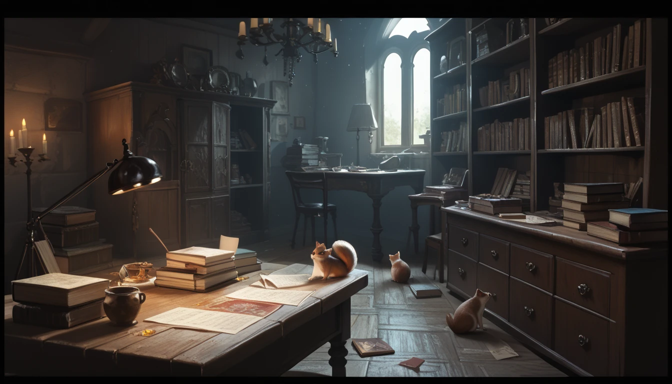  The main character's room ,  The room is littered with scrolls ,  open books and crumbs on the study table ,  because some people are not used to keeping order,  squirrels are running everywhere , dark fantasy masterpiece, best quality, amazing quality, very aesthetic, absurdres, newest, (realistic:1.2), concept art, room, without people, room concept , 3 proteins,  room, focus on the whole room
Preparing 