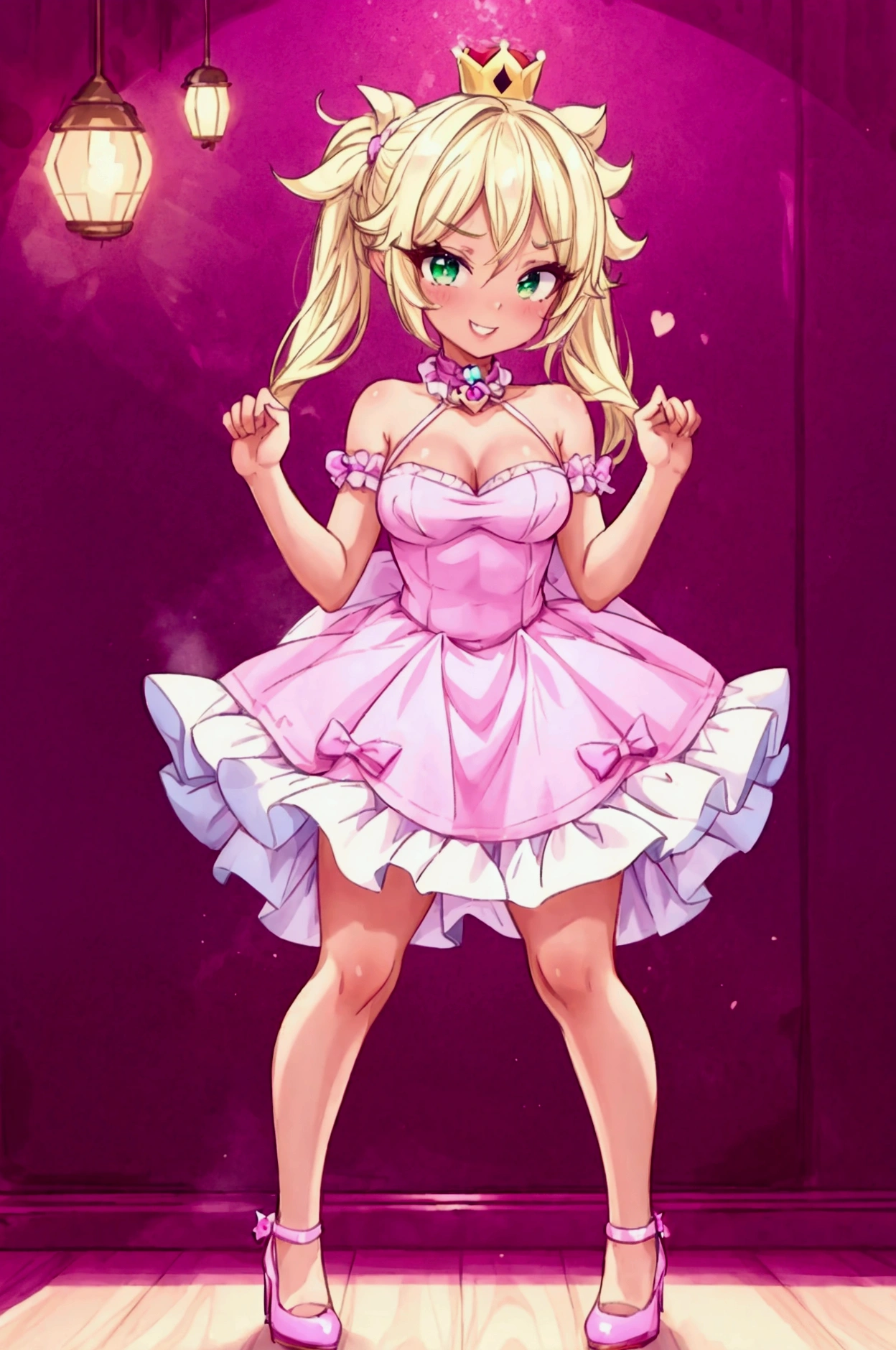 (Masterpiece, best quality) Mandy brawl stars, 1 girl, standing indoors with intricate details and sunlight, magenta and white frilled dress with short neckline, purple high heel shoes, crown in head, blonde medium long  hair, two ponytails, green eyes, blue, dark brown skin, sexy smile, bad girl, confidense attitude, teeth showing, sexy pose, coquette, beautiful long legs, mature teen girl, gorgeous body, pronounced breasts.