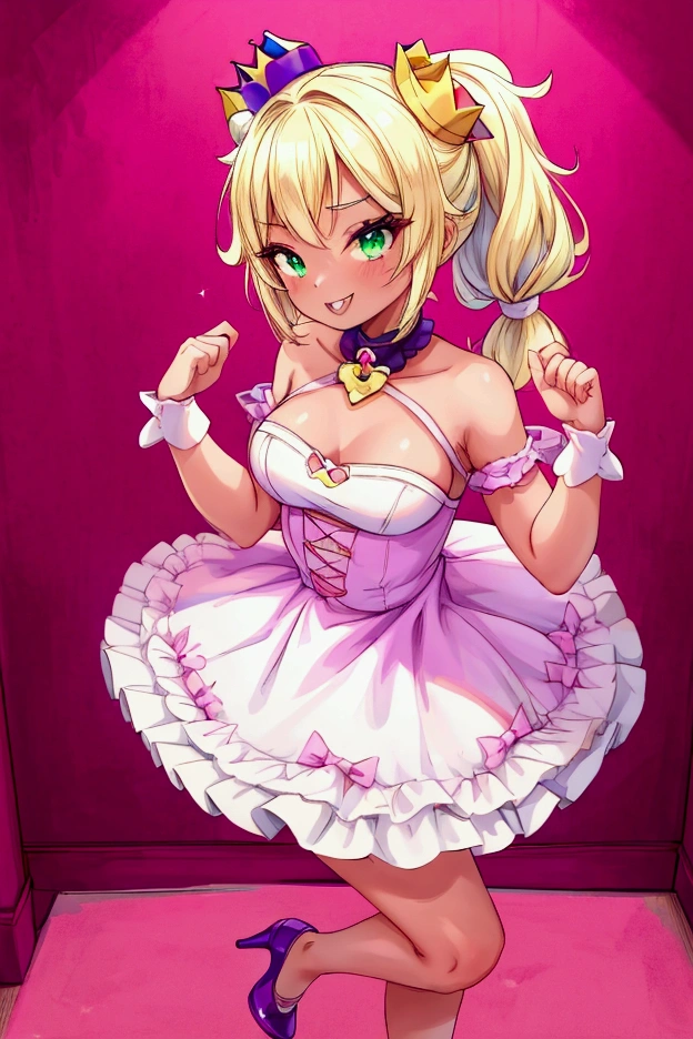 (Masterpiece, best quality) Mandy brawl stars, 1 girl, standing indoors with intricate details and sunlight, magenta and white frilled dress with short neckline, purple high heel shoes, crown in head, blonde medium long  hair, two ponytails, green eyes, blue, dark brown skin, sexy smile, bad girl, confidense attitude, teeth showing, sexy pose, coquette, beautiful long legs, mature teen girl, gorgeous body, pronounced breasts.