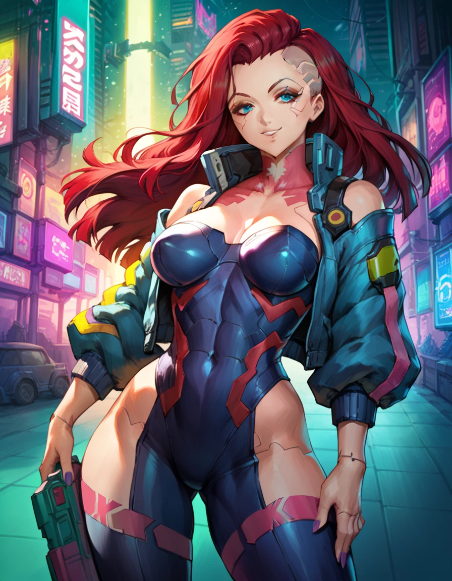 long red hair, green skin, violet eyes, solo, smiling, standing, upper body, hips, gigantic breasts