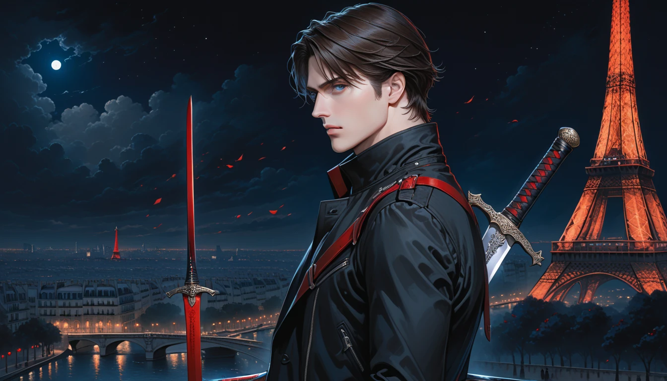 a handsome man, brunette hair, blue eyes, side profile, wearing a black jacket with high collar, black pants, red belts, holding a sword resting on shoulder, sullen face, standing in paris at night