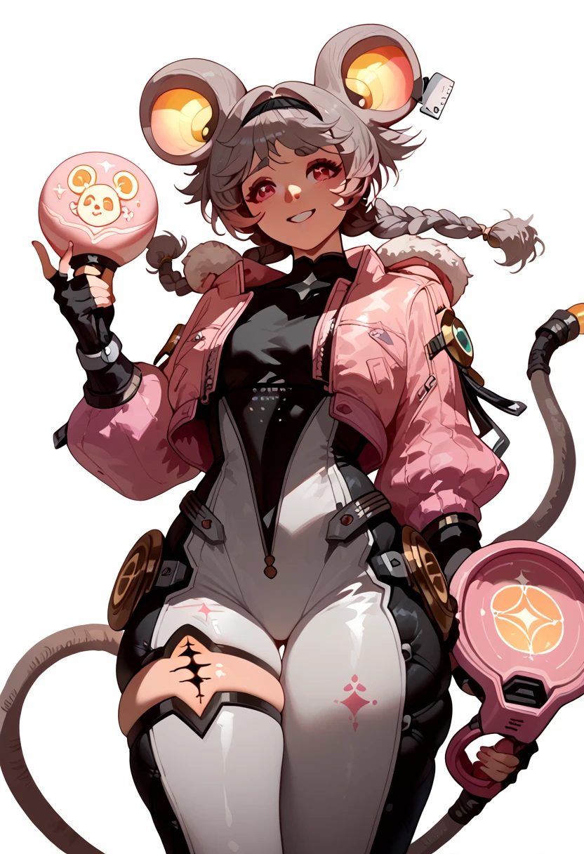 lumiwuwa, 1girl, solo, jacket, braid, gloves, twin braids, animal ears, fingerless gloves, bodysuit, tail, mouse tail,  mouse ears, pink jacket, grey hair smile thick thighs, holding tail , nervous