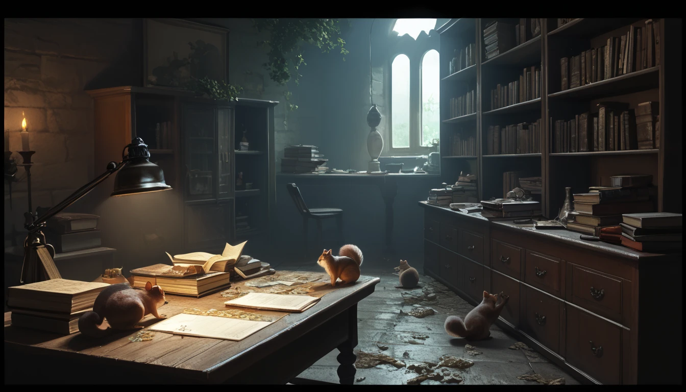  The main character's room ,  The room is littered with scrolls ,  open books and crumbs on the study table ,  because some people are not used to keeping order,  squirrels are running everywhere , dark fantasy masterpiece, best quality, amazing quality, very aesthetic, absurdres, newest, (realistic:1.2), concept art, room, without people, room concept , 3 proteins,  room, focus on the whole room
Preparing 