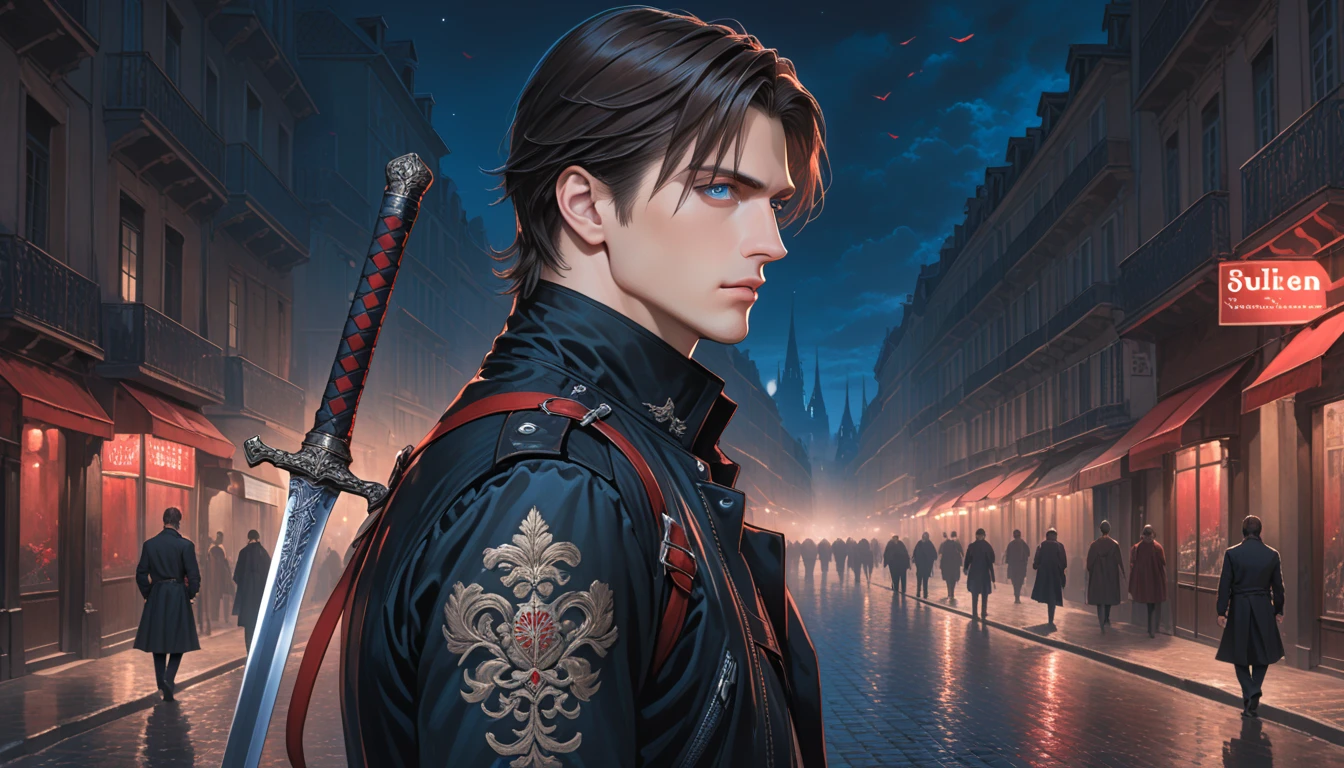 a handsome man, brunette hair, blue eyes, side profile, wearing a black jacket with high collar, black pants, red belts, holding a sword resting on shoulder, sullen face, standing on the streets of a European city at night