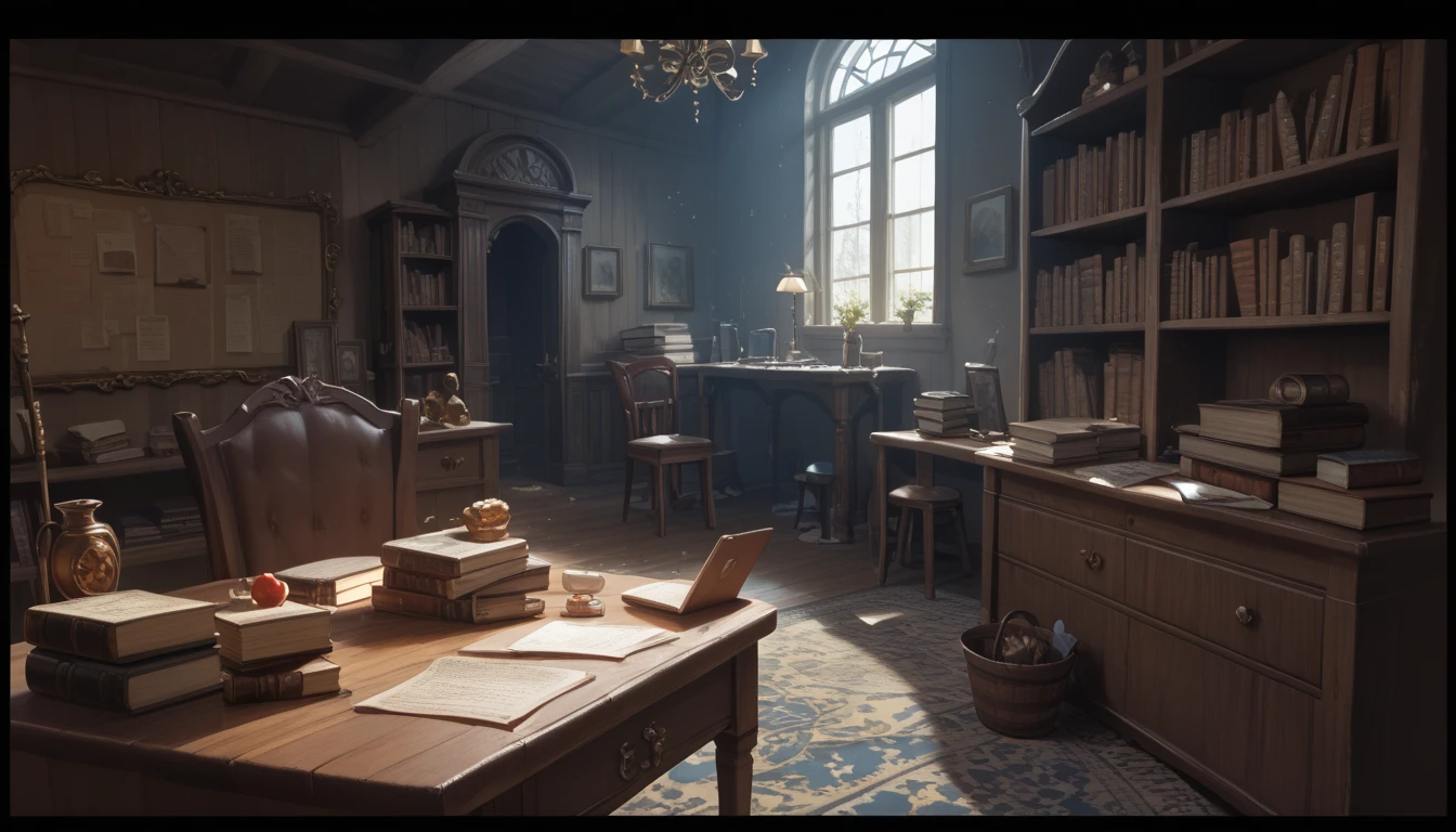  The main character's room ,  The room is littered with scrolls ,  open books and crumbs on the study table ,  because some people are not used to keeping order,  squirrels are running everywhere , dark fantasy masterpiece, best quality, amazing quality, very aesthetic, absurdres, newest, (realistic:1.2), concept art, room, without people, room concept , 3 proteins,  room, focus on the whole room
Preparing 