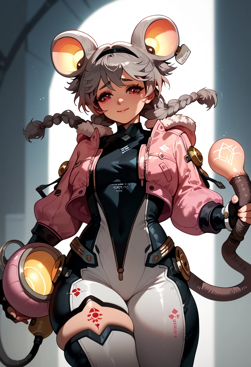 
jacket, braid, gloves, twin braids, animal ears, fingerless gloves, bodysuit, tail, mouse tail, mouse ears, pink jacket, grey hair smile thick thighs, holding tail , sad