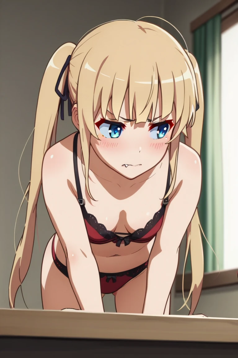 anime colored, 1girl, solo, 9 years old, from above, one-piece swimsuit, aaillya,long_hair,blonde_hair,red_eyes,hair_between_eyes,bangs,white_hair, short stature, Short arms, Short legs, perfect anatomy, (gigantic breasts:1.3), thighhighs, pussy line, looking up, shy, bashful, bed, absurdres, anime screencap, masterpiece, best quality,