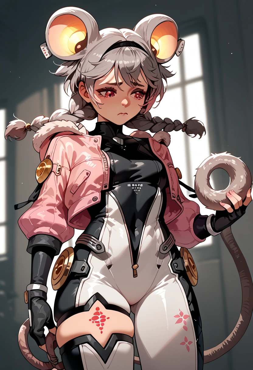 
jacket, braid, gloves, twin braids, animal ears, fingerless gloves, bodysuit, tail, mouse tail, mouse ears, pink jacket, grey hair , holding tail , sad