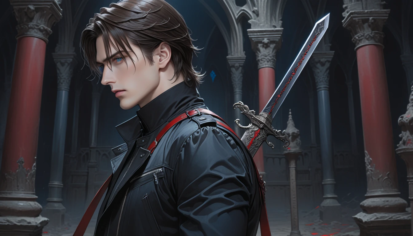 a handsome man, brunette hair, blue eyes, side profile, wearing a black jacket with high collar, black pants, red belts, holding a sword resting on shoulder, sullen face, standing in a dark gothic castle