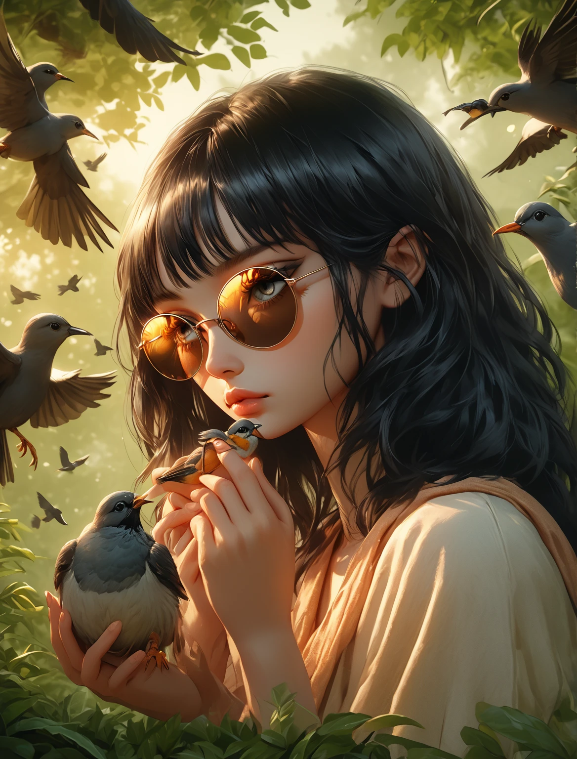 a woman with long black hair, wearing sunglasses, feeding birds, detailed face, detailed eyes, detailed lips, delicate features, serene expression, birds perched on her hands, nature background, lush greenery, soft lighting, warm color tones, photorealistic, 8k, highly detailed, masterpiece