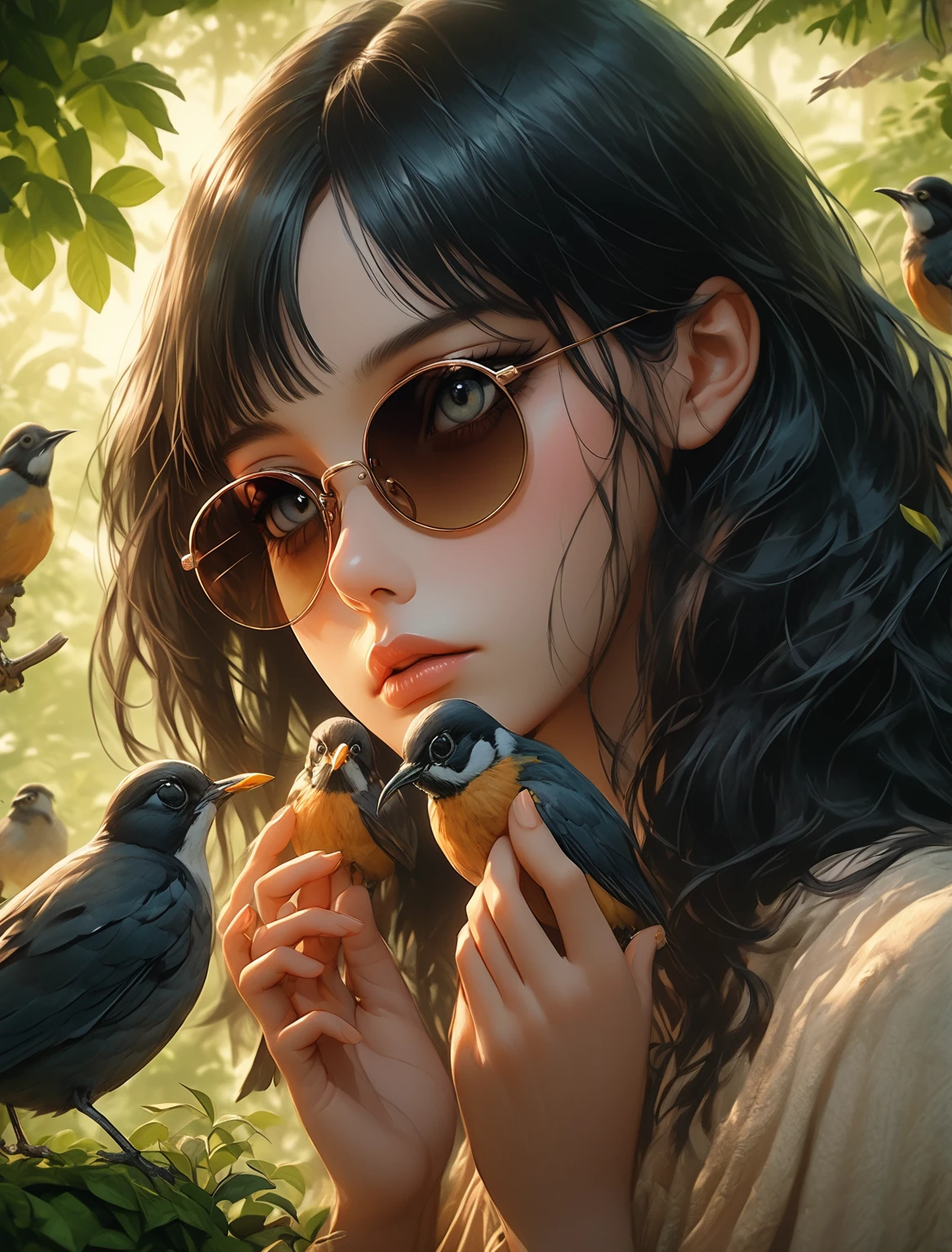 a woman with long black hair, wearing sunglasses, feeding birds, detailed face, detailed eyes, detailed lips, delicate features, serene expression, birds perched on her hands, nature background, lush greenery, soft lighting, warm color tones, photorealistic, 8k, highly detailed, masterpiece