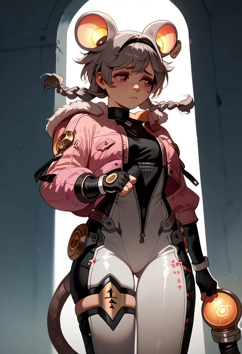 jacket, braid, gloves, twin braids, animal ears, fingerless gloves, bodysuit, tail, mouse tail, mouse ears, pink jacket, grey hair , holding tail , sad, looking behind