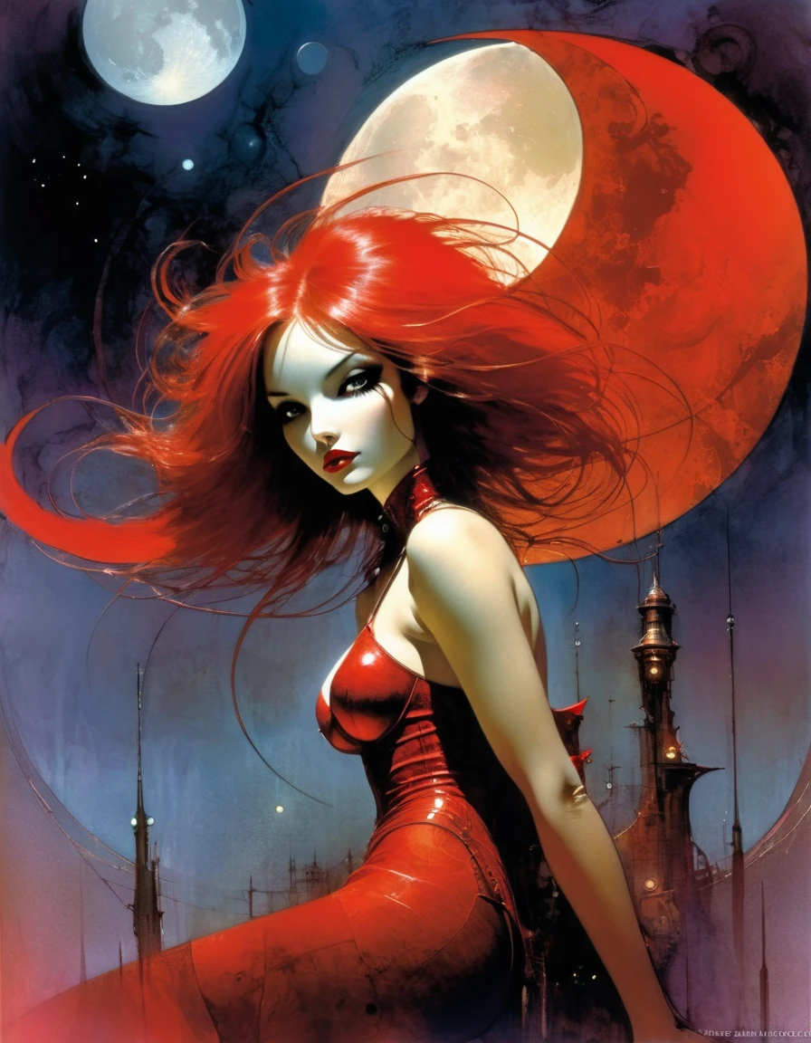 score_9, score_8_up, score_7_up, score_6_up, score_5_up, a girl standing on a castle wall at night, 1girl, <lora:RankinBassArt_XL:1> rankinbass, nude, long hair, red hair, wavy hair, moon