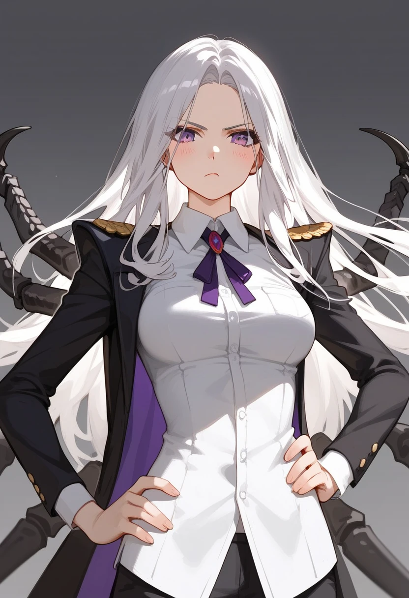 Masterpiece, best quality, zoom out, score_9, score_8_up, score_7_up, 1girl, solo, white hair, long hair, sidelocks, parted bangs, white hair, purple eyes, wearing a shirt, collared shirt, girl, white scorpion body, scorpion lower body, medium breasts, serious, blush, hand on own hip, cowboy shot, gray background, simple background