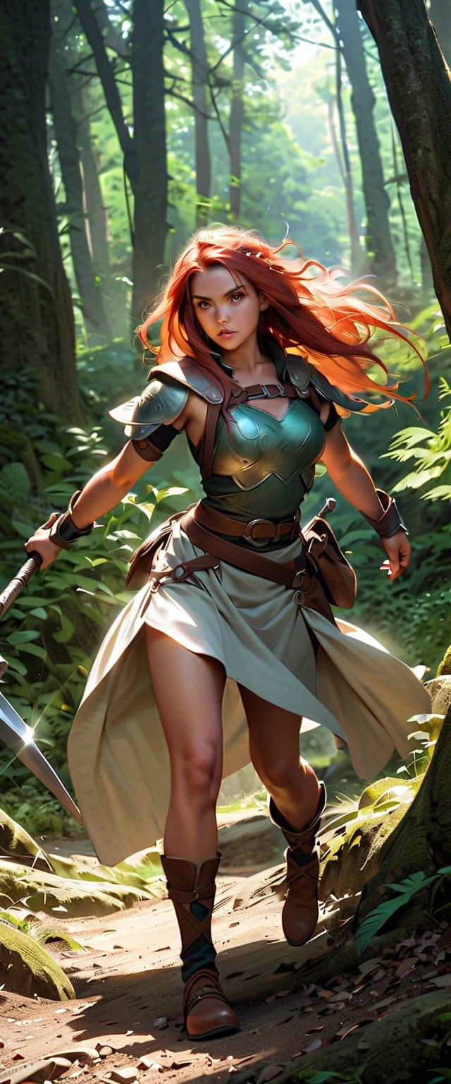 best quality, ultra detailed, cinematic scene, strong feminine energy, brave souls, skilled archers, dirt floor, dense forest, filtered sunlight, combat suits, long braided red hair, tanned skin, --auto --s2