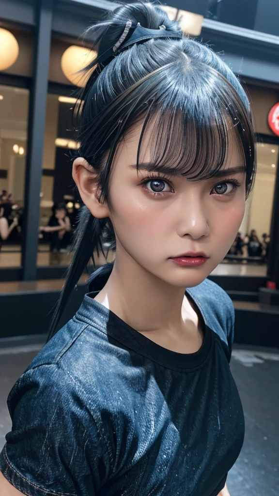 ((standing)), (((black t-shirt, blue denim shorts))),((((black short ponytail hair, bangs)))), ((standing)), Japanese、(((angry face, open mouth:1.2)))、((((Round face))))、(big cheeks)、((Cute Face))、(((Japanese idol)))、(((background: dark shopping mall))),  Ultra High Definition,  high image quality model,  retina,  top quality, High resolution、high resolution、in 8K,Highly detailed eyes and face、超High resolution, High resolution、high resolution、in 8K