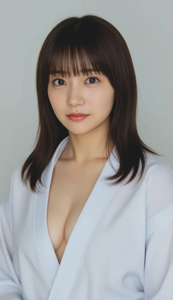 (( top quality, 8k, masterpiece: 1.3)),  sharp: 1.2, Perfect Body Beauty: 1.4,  slim abs: 1.2, (( Layered Hairstyle , Big Breasts: 1.2)), (濡れた White Button Long Shirt: 1.1), ( nudes: 1.2),  Face Closeup : 1.5,  Highly Detailed Face and Skin Textures,  beautiful eyes,  double eyelids in judo uniforms,  profile staring at the camera