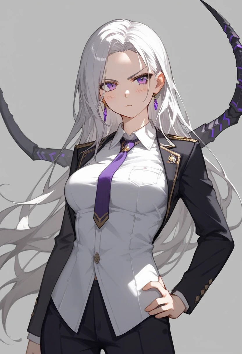 Masterpiece, best quality, zoom out, score_9, score_8_up, score_7_up, 1girl, solo, white hair, long hair, sidelocks, parted bangs, white hair, purple eyes, wearing a shirt, collared shirt, girl, the lower part of the scorpio's body white scorpion body, scorpion lower body, medium breasts, serious, blush, hand on own hip, cowboy shot, gray background, simple background